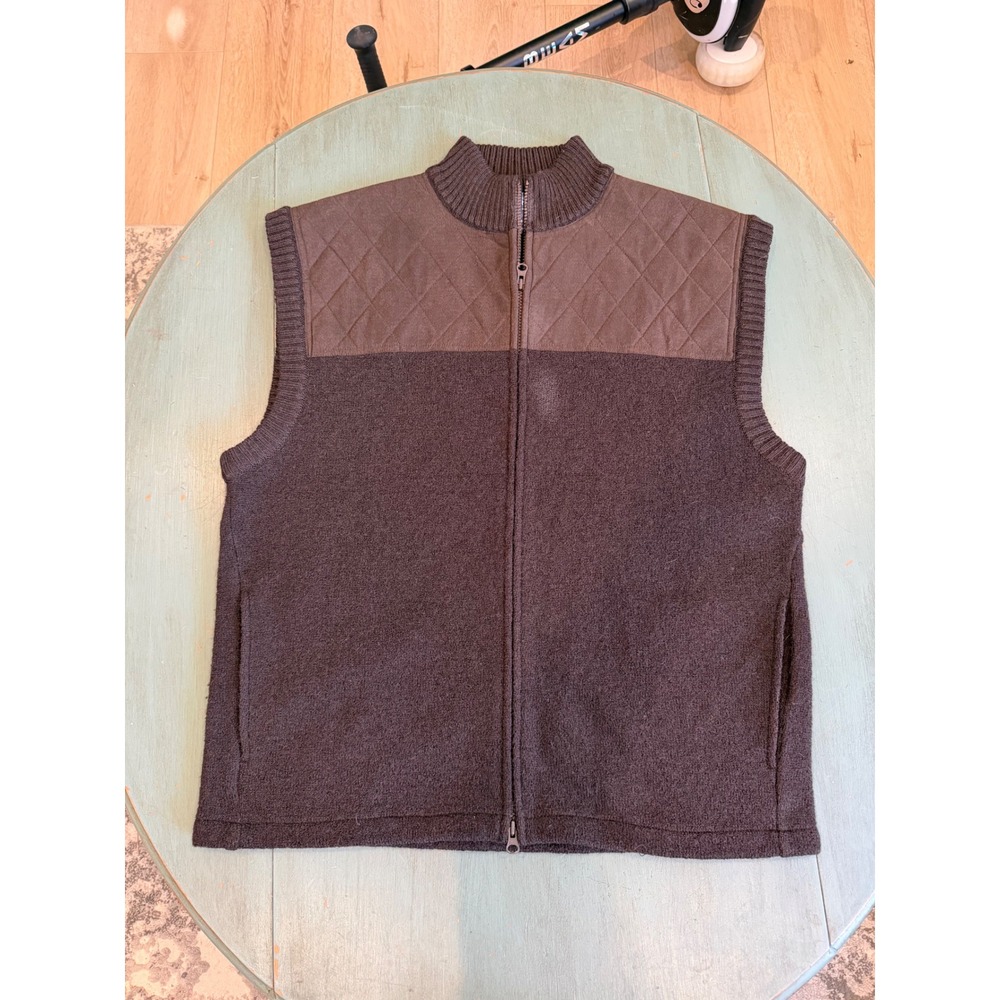 Woolrich Men XL Bark Brown 100% Wool Full Zip Sweater Vest Quilted Shoulder 9435